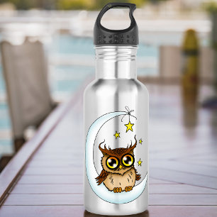 Cute Brown Owl Crescent Moon Stars Blue Stainless Steel Water Bottle