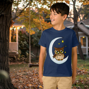 Cute Brown Owl Crescent Moon Stars Blue T-Shirt