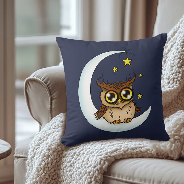 Cute Brown Owl Crescent Moon Stars Blue Throw Pillow (Creator Uploaded)