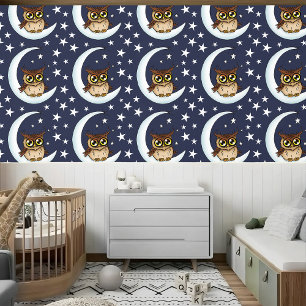 Cute Brown Owl Crescent Moon Stars Blue Wallpaper