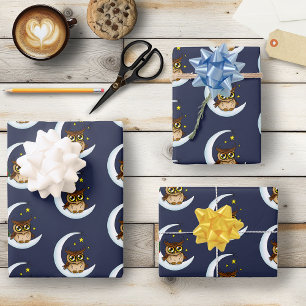 Cute Brown Owl Crescent Moon Stars Blue Wrapping Paper Sheets