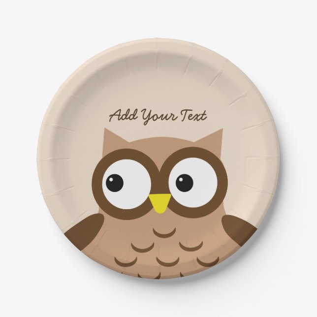 Cute Brown Owl Custom Text A03A Paper Plates (Front)