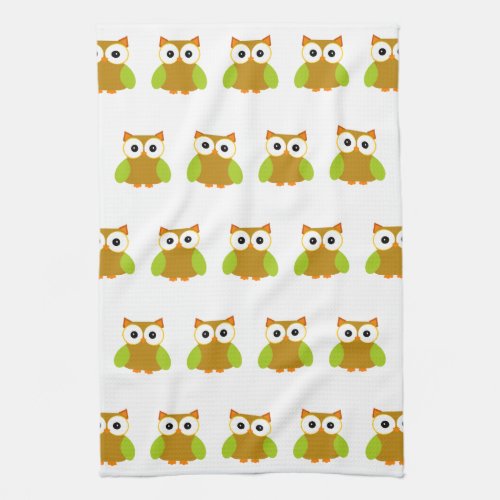 Cute Brown Owl Green Wings Cartoon Kitchen Towel