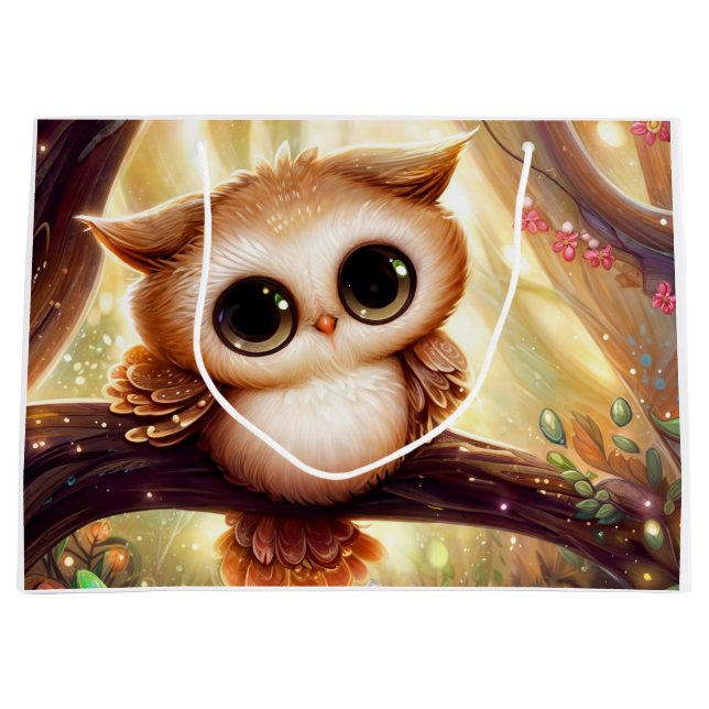 Cute brown owl on a branch large gift bag (Front)
