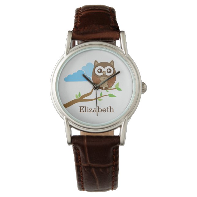 Cute Brown Owl on Branch Add Custom Name Watch (Front)