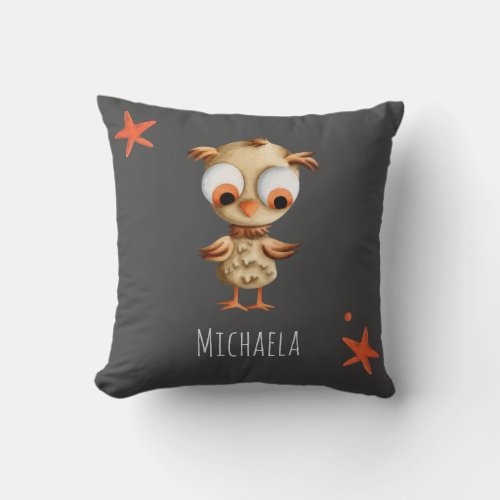 Cute Brown Owl Personalized Grey Nursery Throw Pillow