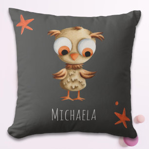 Cute Brown Owl Personalized Grey Nursery Throw Pillow