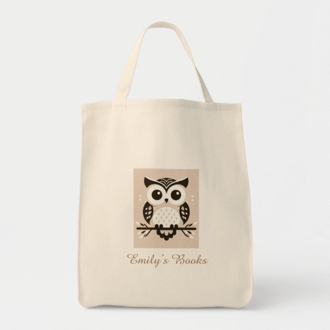 Cute brown owl personalized library book tote bag (Front)