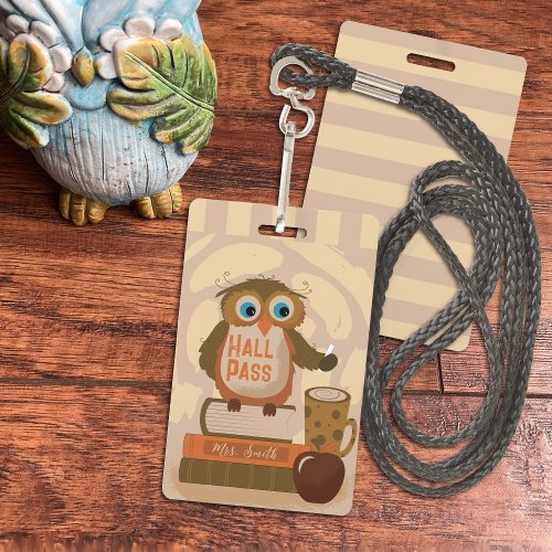 Cute Brown Owl Student Hall Pass Badge with Name