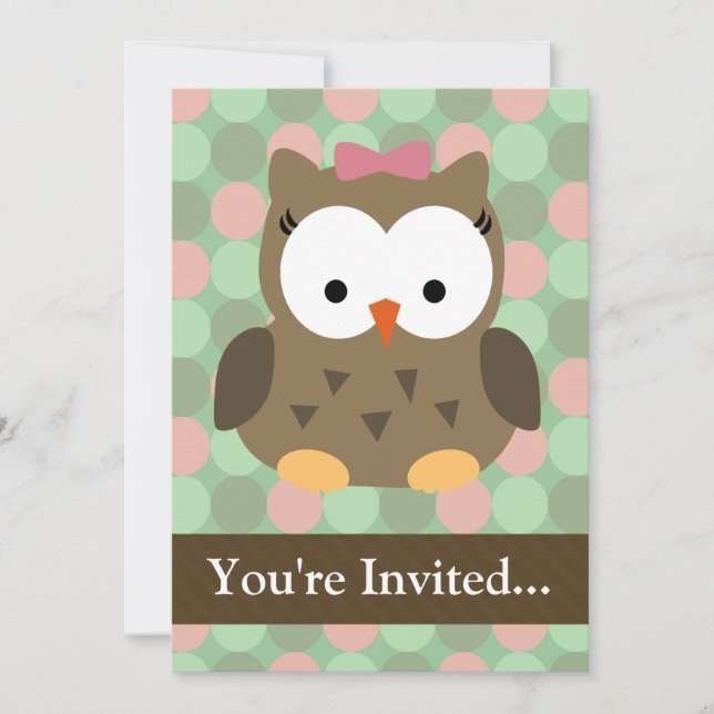 Cute Brown Owl w/Pink Bow Invitation (Front)