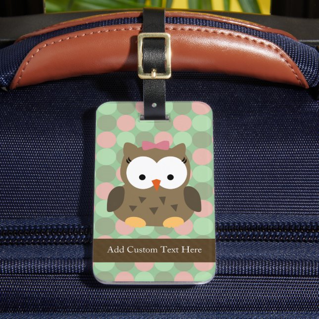 Cute Brown Owl w/Pink Bow Luggage Tag (Front Insitu 2)