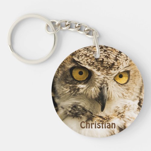 Cute Brown owl with yellow eyes add name Keychain