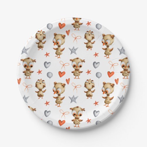 Cute Brown Owls with Hearts and Stars Party Paper Plates