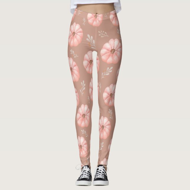 Cute Brown Peach Watercolor Pumpkin Fall   Leggings (Front)