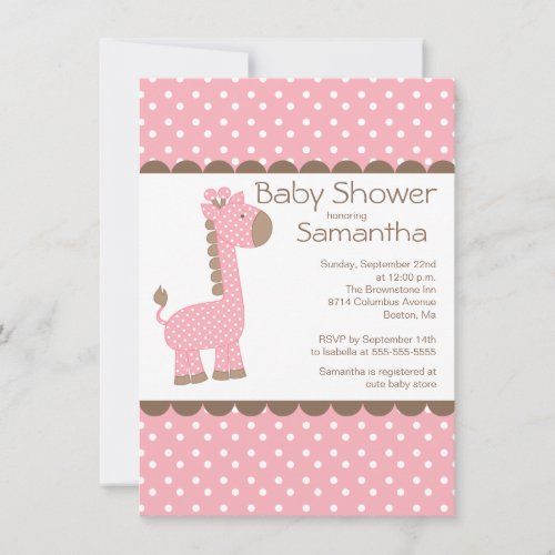 Cute Brown Pink Giraffe Girls Baby Shower Personalized Invite