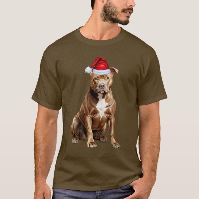 Cute Brown Pit Bull Dog Lover Funny Christmas T-Shirt (Front)