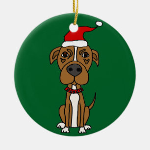 Cute Brown Pit bull in Santa hat Christmas Cartoon Ceramic Ornament