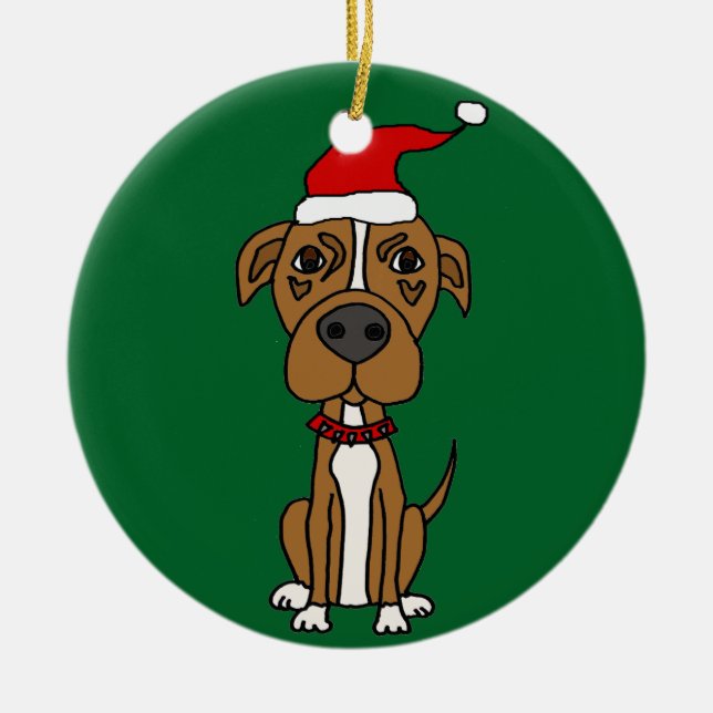Cute Brown Pit bull in Santa hat Christmas Cartoon Ceramic Ornament (Front)