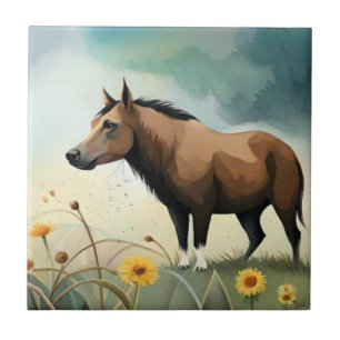 Cute brown pony in the floral field ceramic tile