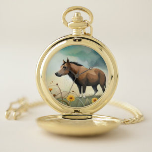 Cute brown pony in the floral field pocket watch