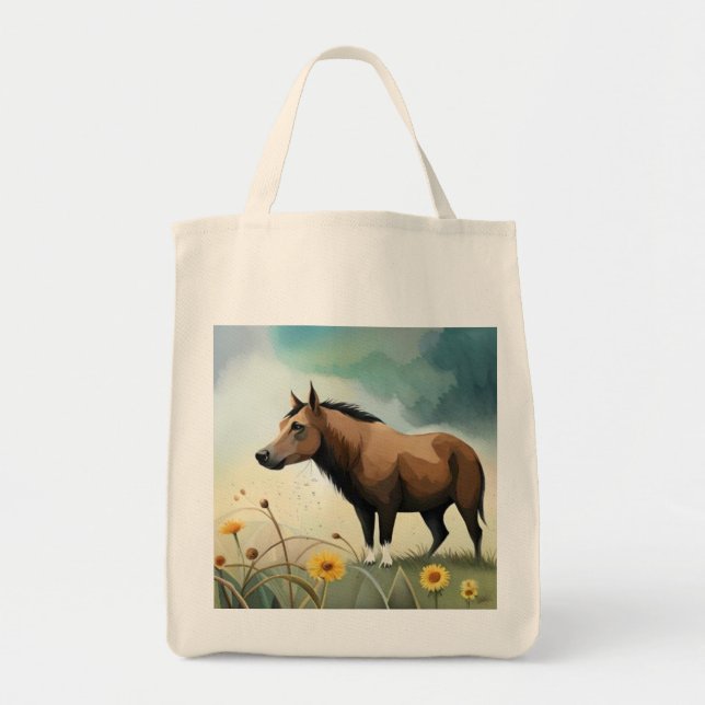 Cute brown pony in the floral field tote bag (Front)