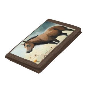 Cute brown pony in the floral field tri-fold wallet