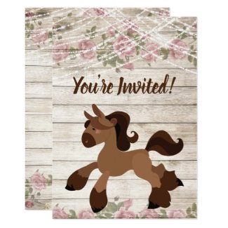 Cute Brown Pony, Roses and Lights Horse Birthday Invitation