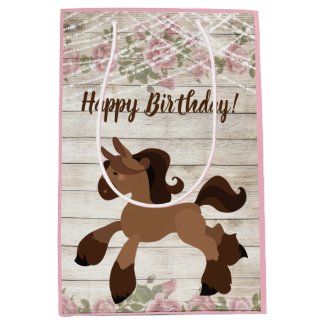 Cute Brown Pony, Roses and Lights Horse Birthday Medium Gift Bag