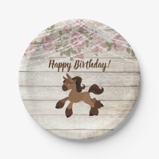 Cute Brown Pony, Roses and Lights Horse Birthday Paper Plate