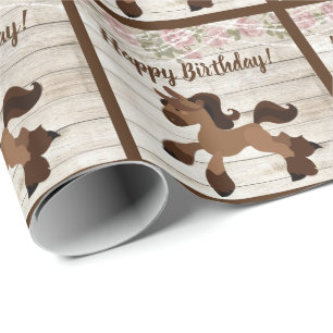 Cute Brown Pony, Roses and Lights Horse Birthday Wrapping Paper