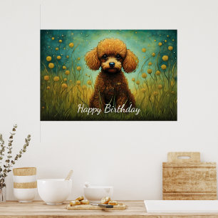 Cute Brown Poodle Flower Meadow  Poster