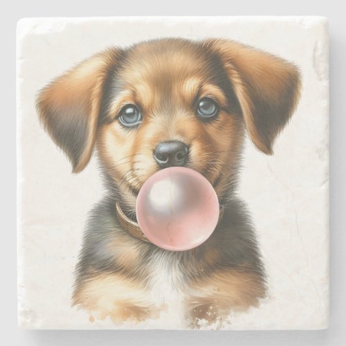 Cute Brown Puppy Dog Blowing Bubble Gum Funny Stone Coaster