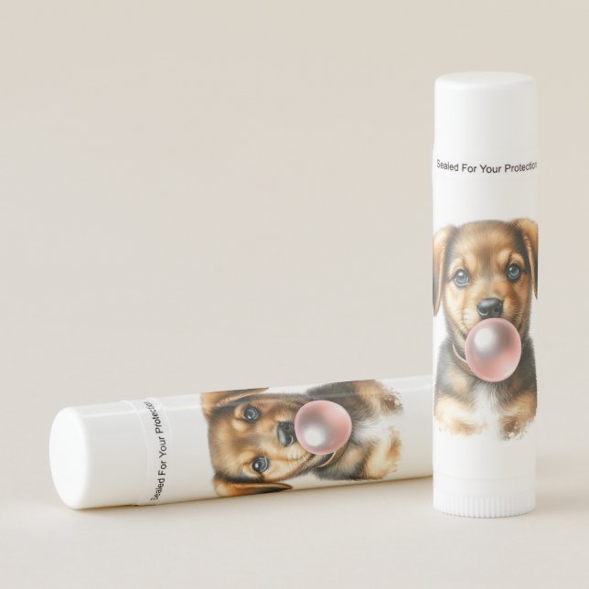 Cute Brown Puppy Dog Blowing Bubble Gum  Lip Balm (Front)
