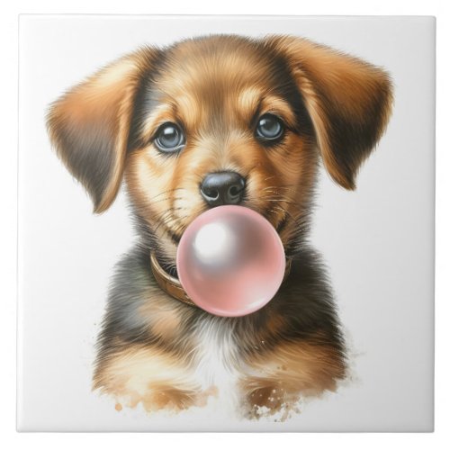 Cute Brown Puppy Dog Blowing Bubble Gum Nursery Ceramic Tile