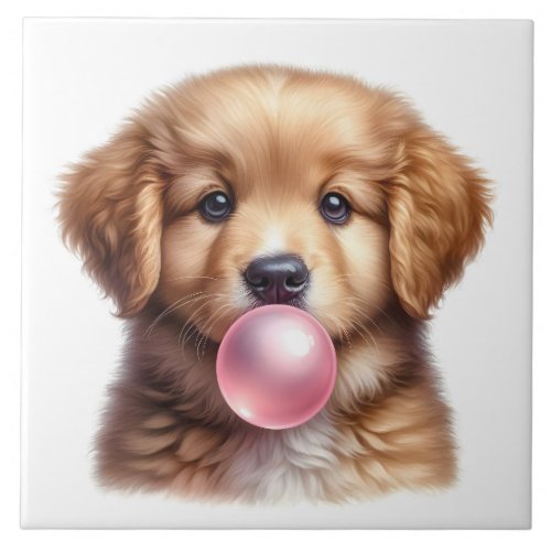 Cute Brown Puppy Dog Blowing Bubble Gum Nursery Ceramic Tile