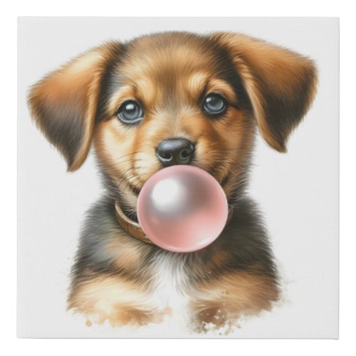 Cute Brown Puppy Dog Blowing Bubble Gum Nursery Faux Canvas Print