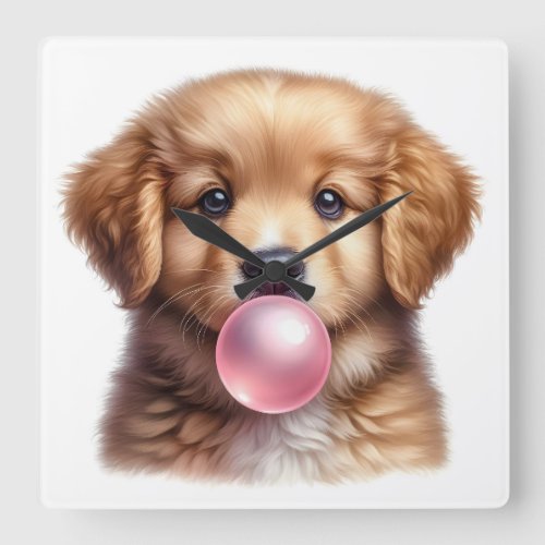 Cute Brown Puppy Dog Blowing Bubble Gum Nursery Square Wall Clock