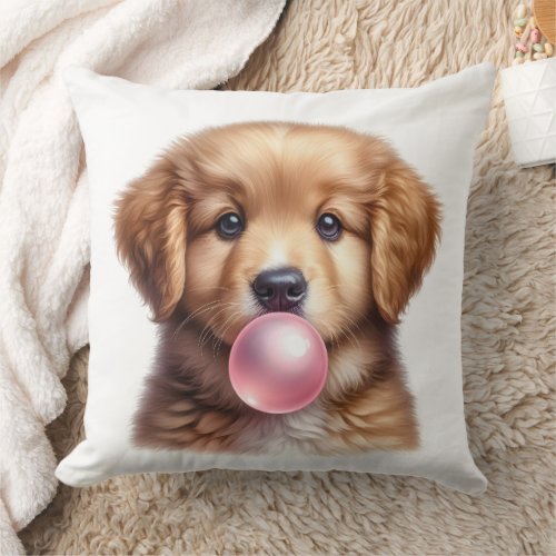 Cute Brown Puppy Dog Blowing Bubble Gum Nursery Throw Pillow