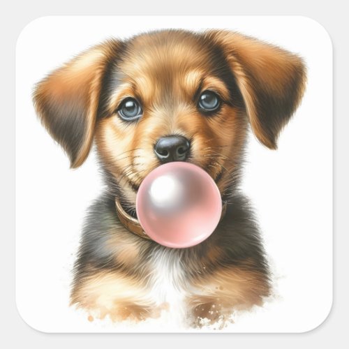 Cute Brown Puppy Dog Blowing Bubble Gum  Square Sticker
