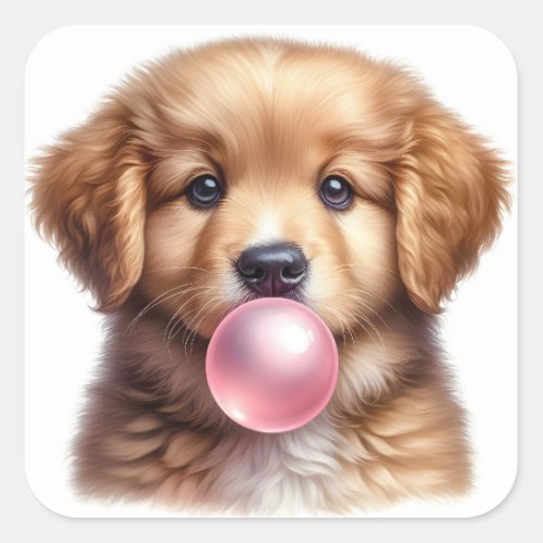 Cute Brown Puppy Dog Blowing Bubble Gum Square Sticker