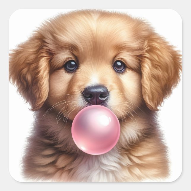 Cute Brown Puppy Dog Blowing Bubble Gum Square Sticker (Front)
