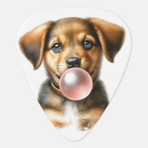 Cute Brown Puppy Dog Blowing Pink Bubble Gum  Guitar Pick