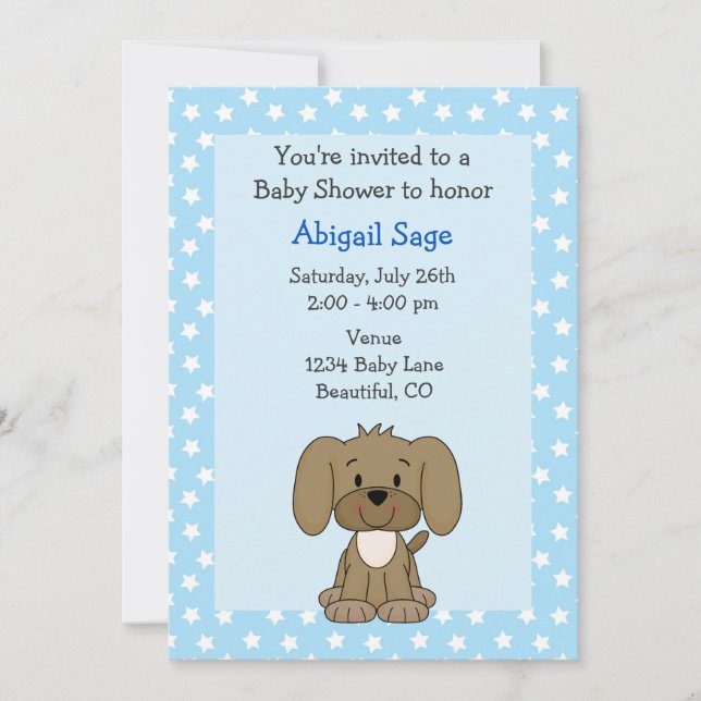 Cute Brown Puppy Dog Blue Baby Boy Shower Invitation (Front)