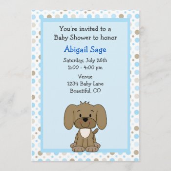 Cute Brown Puppy Dog On Blue Boys Baby Shower Invitation by TheCutieCollection at Zazzle