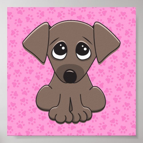 Cute brown puppy dog on pink paw print background