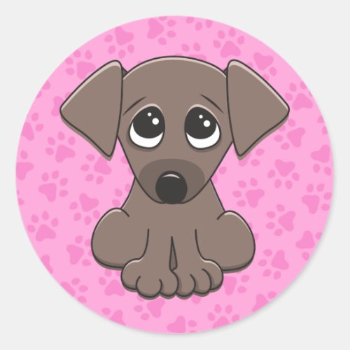 Cute brown puppy dog on pink paw print background classic round sticker