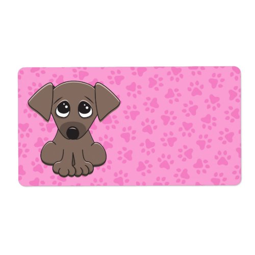 Cute brown puppy dog on pink paw print backgrund label