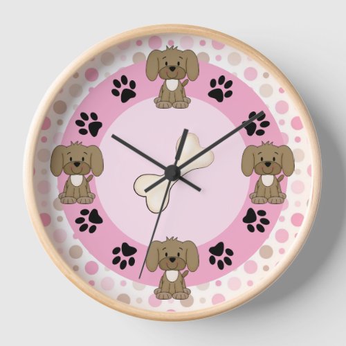 Cute Brown Puppy Dog Paw Prints Pink Polk Dots Clock