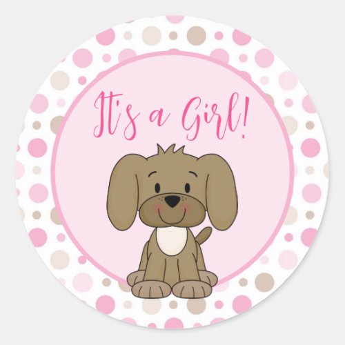 Cute Brown Puppy Dog Pink Polka Dot Baby Shower Classic Round Sticker