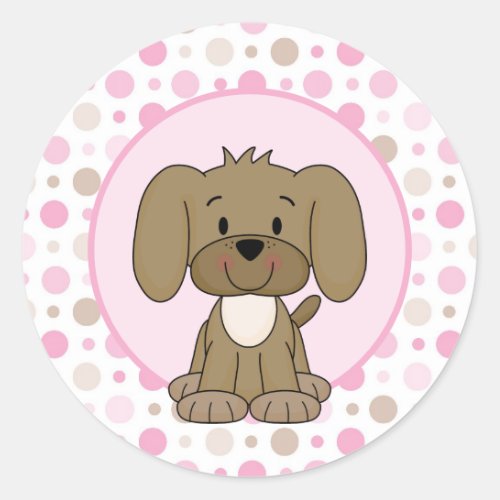 Cute Brown Puppy Dog Pink Polka Dot Baby Shower Classic Round Sticker